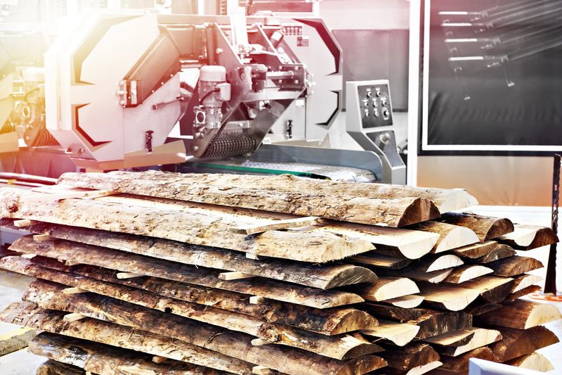 Industrial multi-blade saw processing timber logs