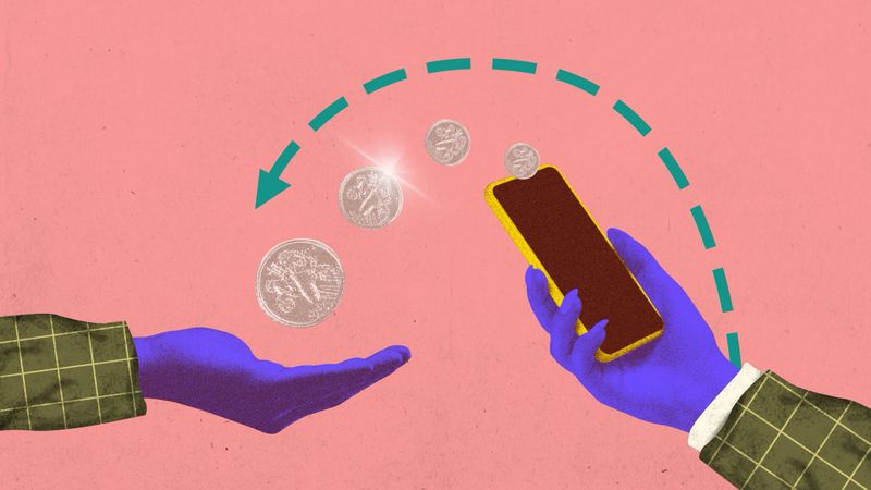 Contemporary art collage. withdrawal of funds. Money is transferred from phone into hands. Grainy fabric effect. Concept of business, financial literacy, banking, salary, withdraw, cryptocurrency. Ad