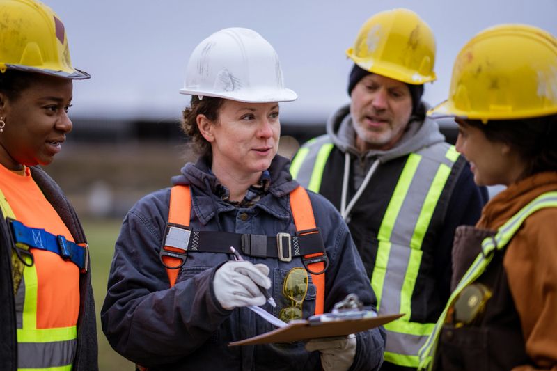 A small group of constructions workers huddle together as they take instructions from the site supervisor.  They are each wearing proper protective gear and are listening attentively.