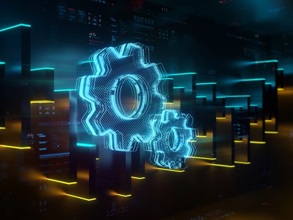 Futuristic digital gears with glowing neon cityscape in the background.