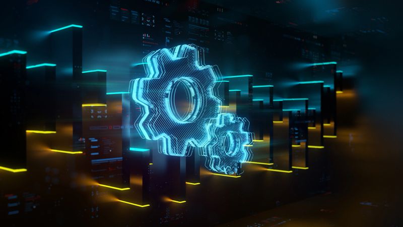 Digital gears on future tech background. Productivity evolution. Futuristic gears and digital chart in world of technological progress and innovation. CGI 3D render