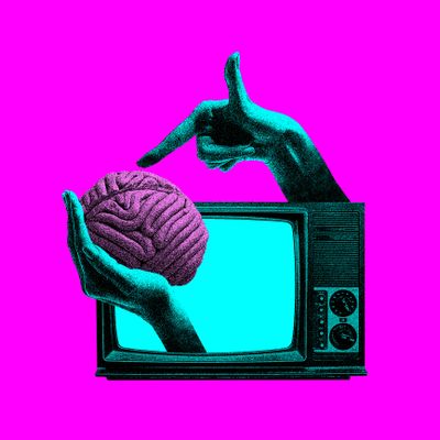 Hands holding a brain emerging from a vintage TV against a bright pink background.