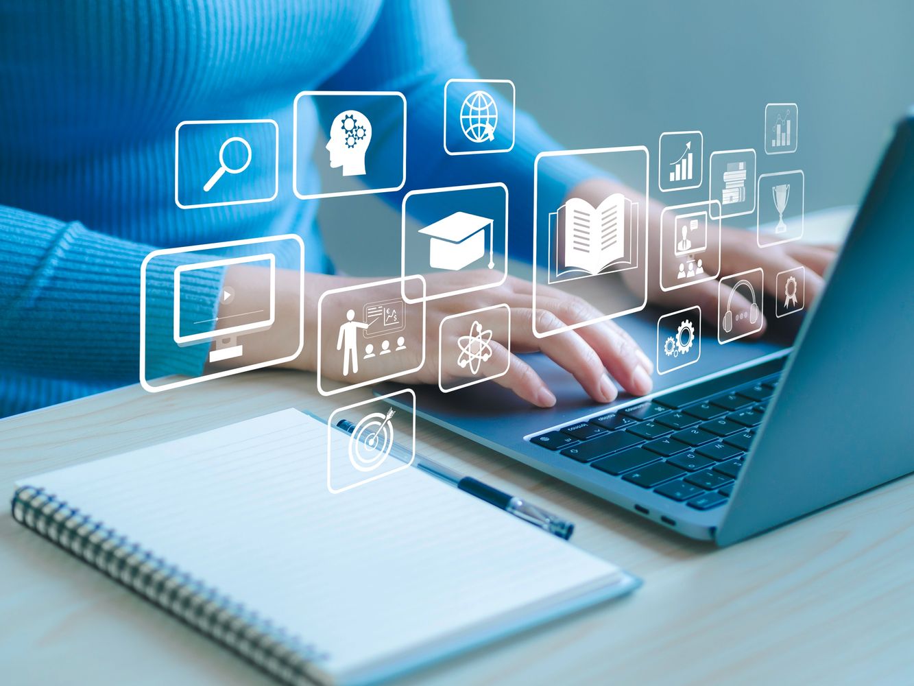 Education online instruction computer with symbols.