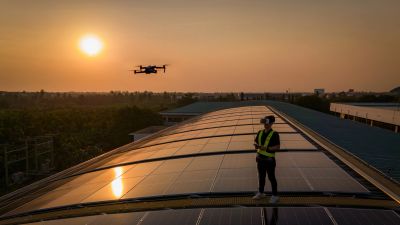 Person operating drone over solar panels at sunset.