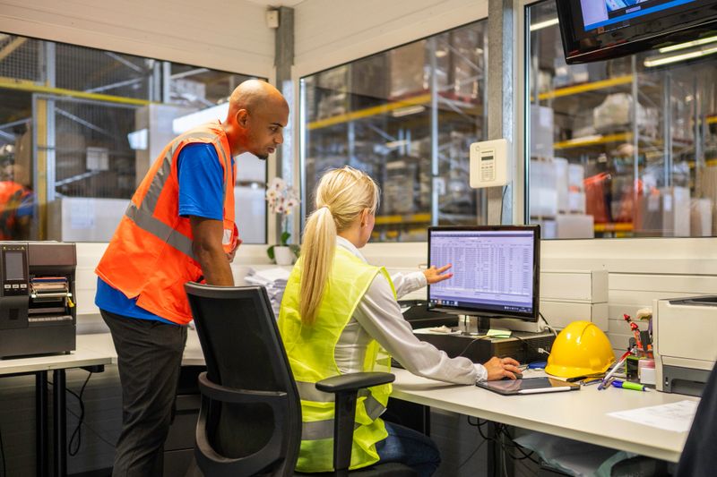 Female shipping operator showing orders list on computer to warehouse worker in control room office, medium shot