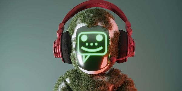 A futuristic robot with a grassy texture wearing red headphones and a glowing green face.