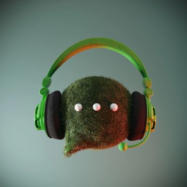 Furry chat bubble wearing green headphones with microphone.