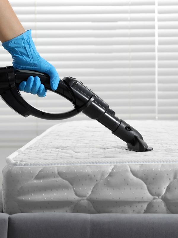 Vacuuming a mattress with a black vacuum cleaner.