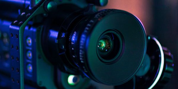 Close-up of a professional camera lens.