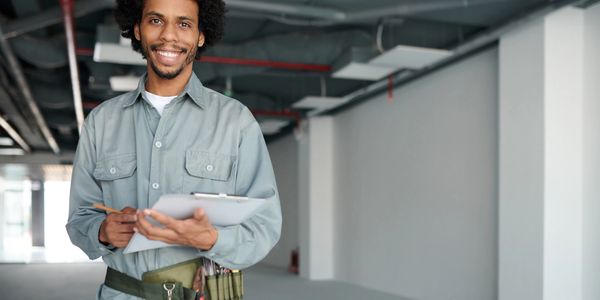 Smiling construction worker holding a clipboard inside an unfinished building.