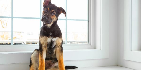 A curious German Shepherd puppy sitting on a windowsill, tilting its head.