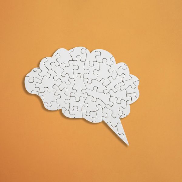 Brain-shaped puzzle pieces assembled on an orange background.