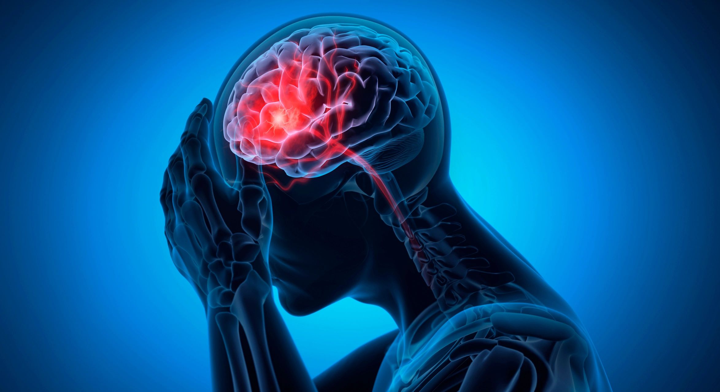 X-ray style image showing brain inflammation or headache pain in red.