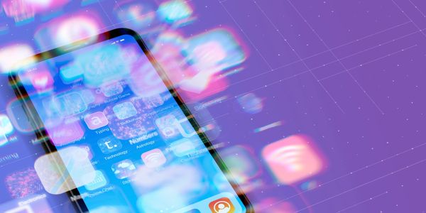 Smartphone with floating social media icons on a purple background.