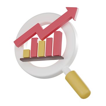 Magnifying glass highlighting a rising bar graph with an upward arrow.