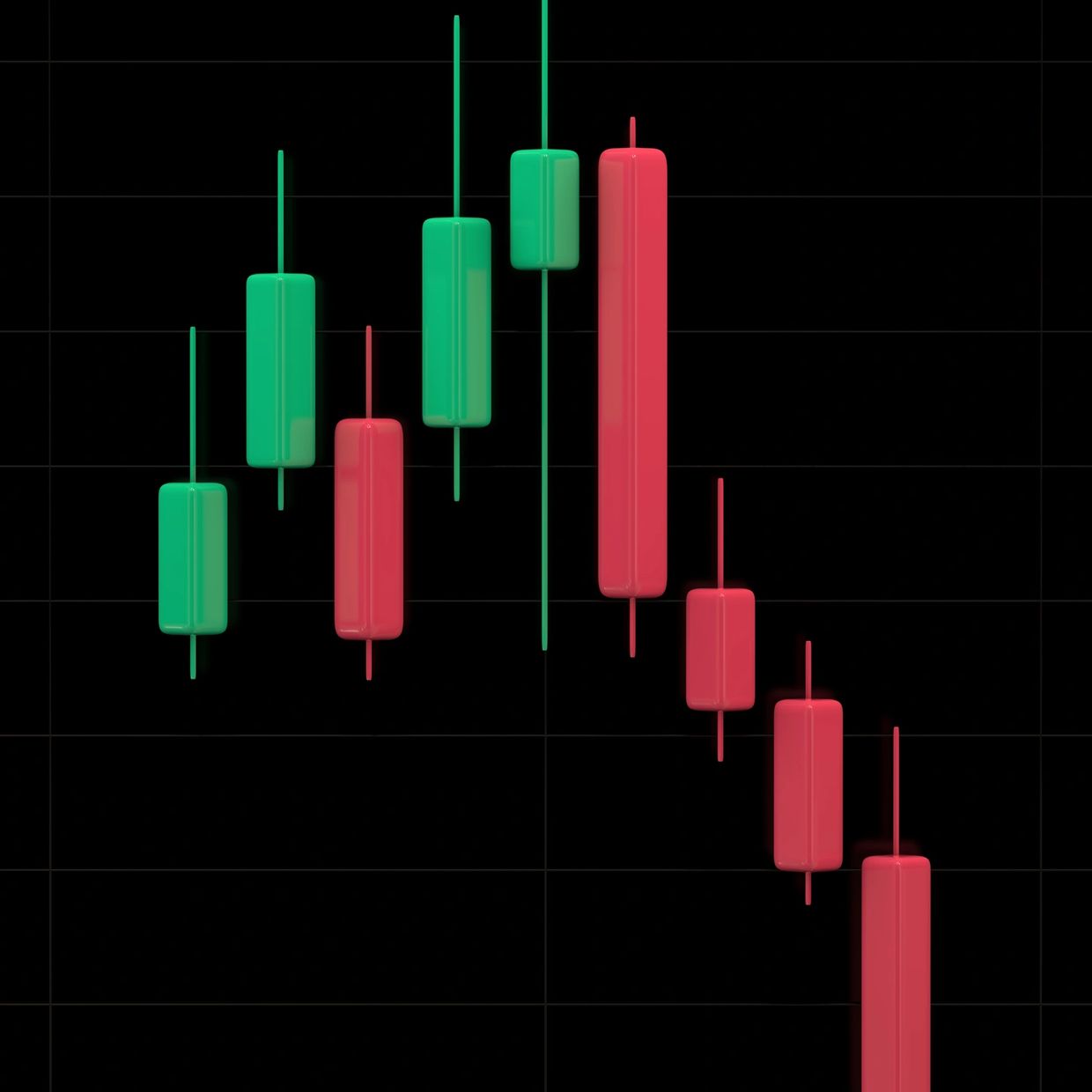 A candlestick chart showing a shift from rising to falling prices.