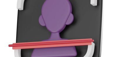 3D purple bust on black background with a red bar across.