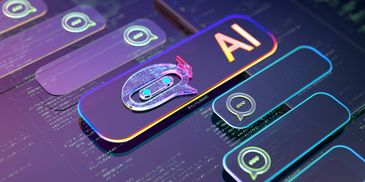 Futuristic AI chatbot interface with vibrant colors and digital coding background.
