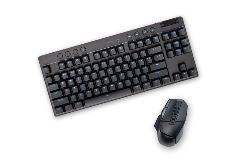 Black wireless gaming computer keyboard and mouse on white background.