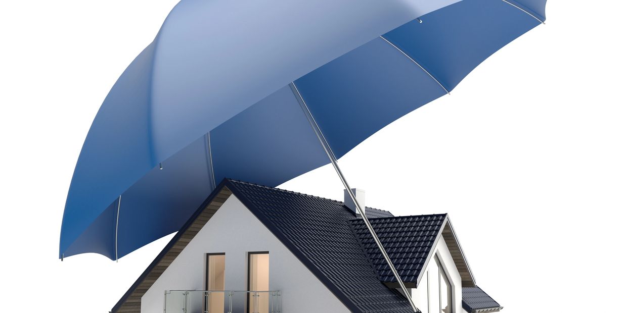 House protected by a large blue umbrella.