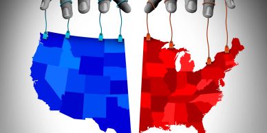 Two robotic hands control blue and red US maps like puppets.