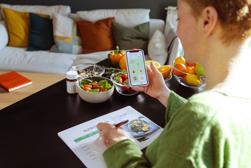 A mid adult woman checking the nutrition facts and calories intake of the meals on her smart phone. She is holding a nutrition plan