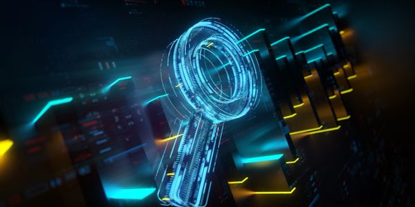Futuristic digital magnifying glass with neon lights.