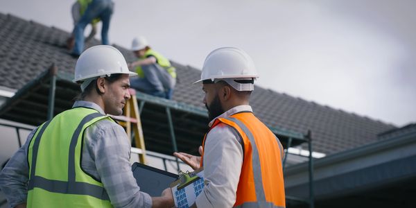 Two construction workers in safety gear discussing plans.