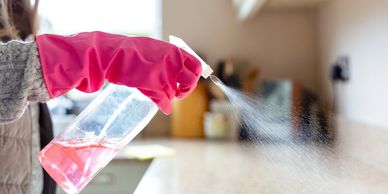 Person spraying cleaning solution on a surface.