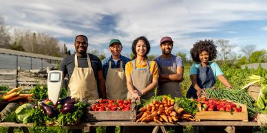 Five farmers standing behind a table of fresh vegetables.