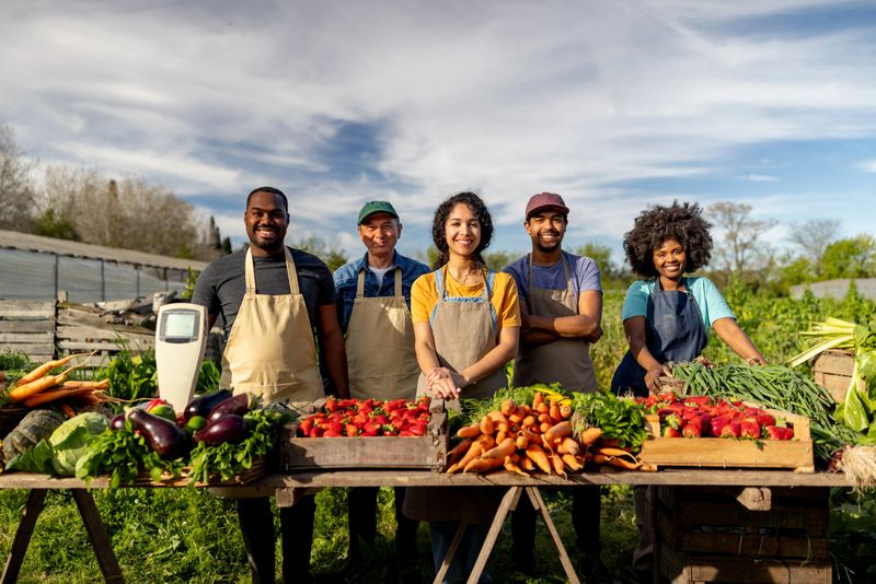 Happy group of Latin American farmers selling their produce at a Farmer's Market and looking at the camera smiling
