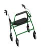 Green walker with seat and wheels for mobility assistance.