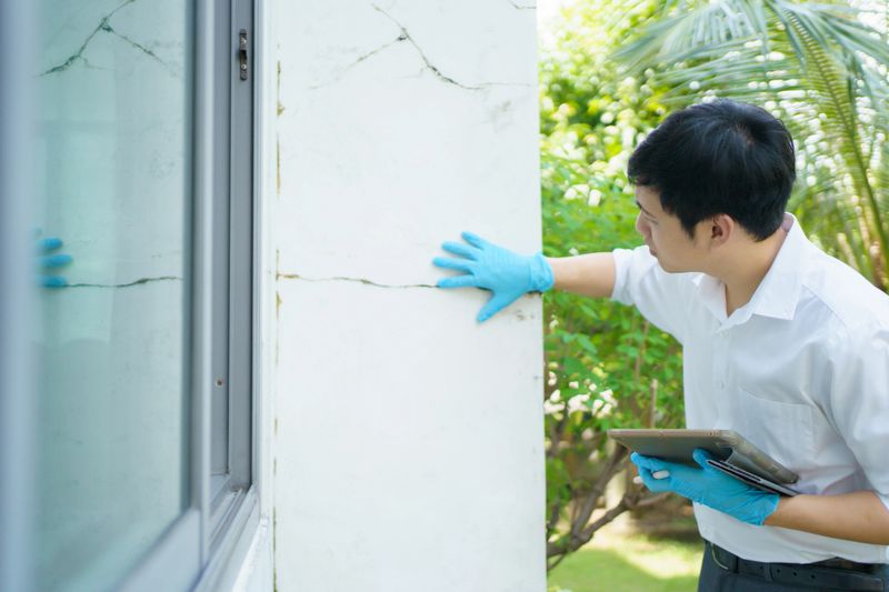 Property claim agent examining the damaged home from moisture and flooding. Claim officer using tablet - smartphone taking a photo of damaged property. Property claim insurance service.