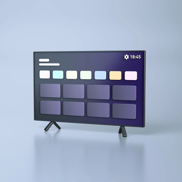 Flat screen TV displaying a smart interface with app icons and time.