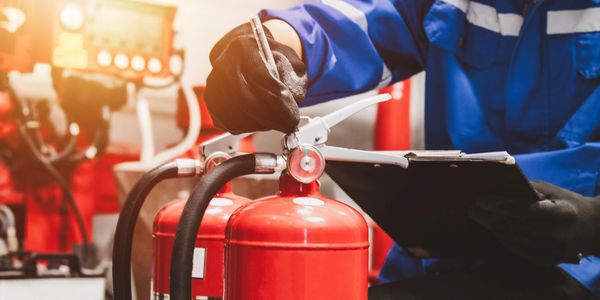 Person inspecting fire extinguishers and taking notes.