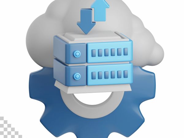 3D icon representing cloud computing with servers and a gear.