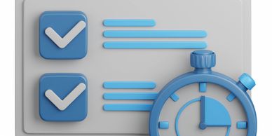Blue checkmarks with a stopwatch on a gray background.