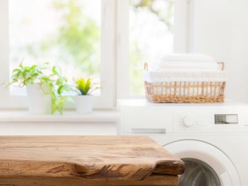 Bright laundry room with wooden table, plants, and a washing machine.