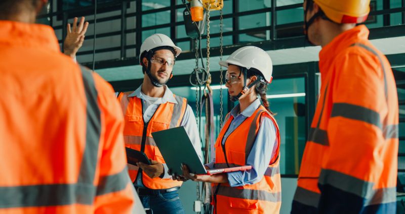 Team of industrial engineers meeting analyze machinery blueprints consult project on laptop in manufacturing factory. Engineering and sustainable production plant concept.