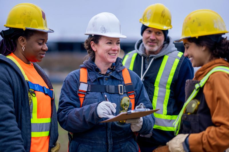 A small group of constructions workers huddle together as they take instructions from the site supervisor.  They are each wearing proper protective gear and are listening attentively.