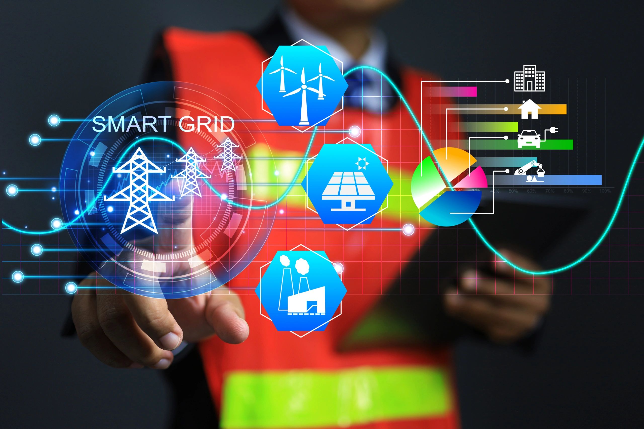 gráfico representando soluciones energéticas inteligentes en un ecosistema con tecnología solar