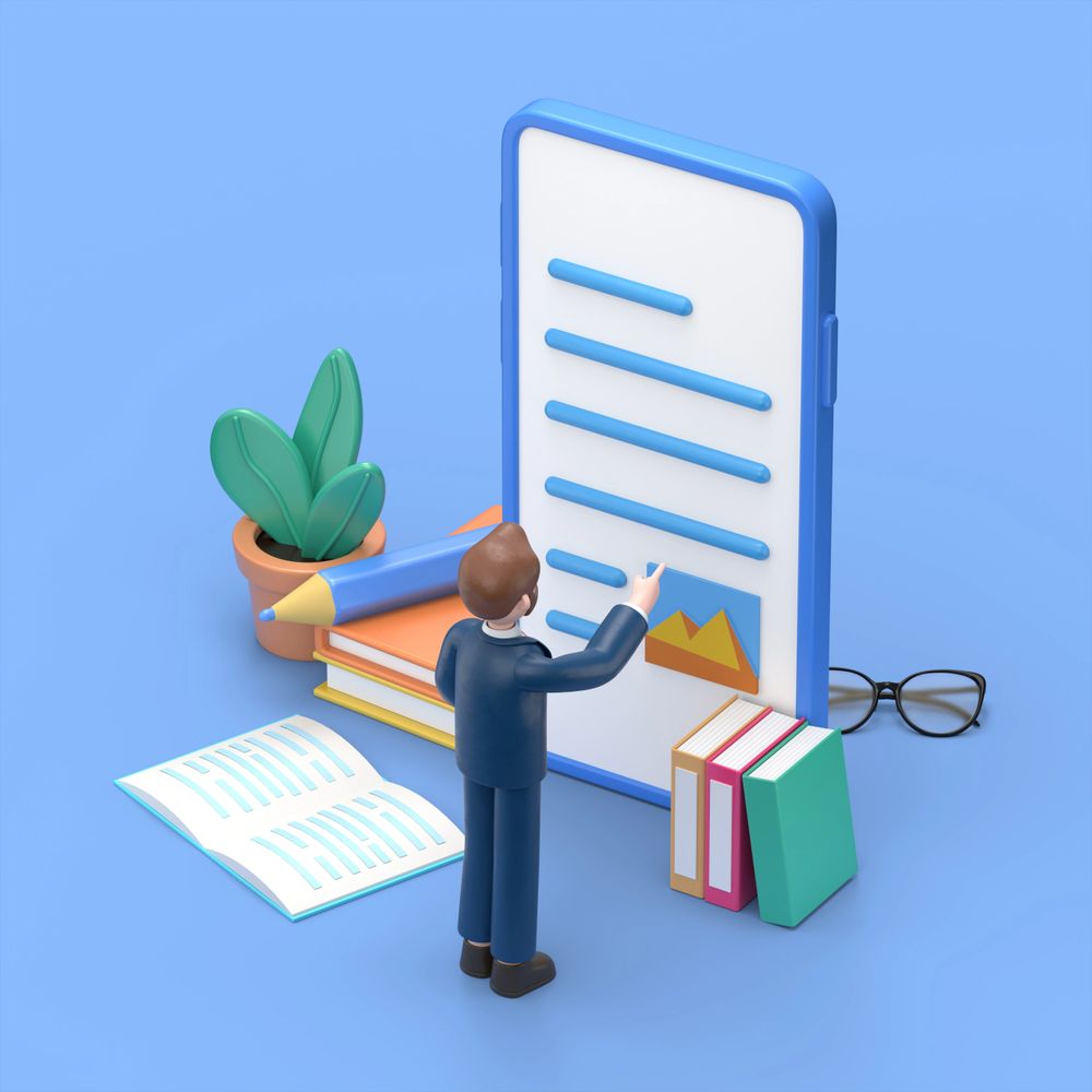 3D illustration of a man interacting with a giant smartphone surrounded by books and stationery.