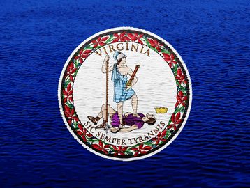 Virginia state flag with ocean background.