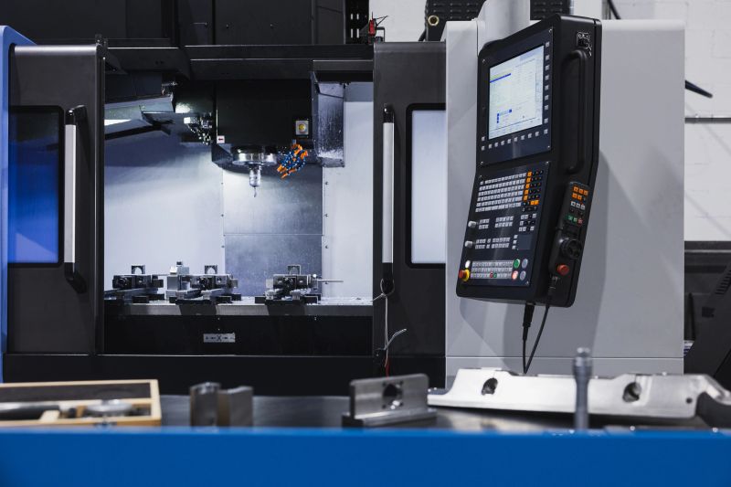 Detailed view of a modern machining workspace, showcasing precision engineered metal parts in the foreground with a CNC machine operating in the background.