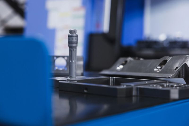 Detailed view of a modern machining workspace, showcasing precision engineered metal pieces in the foreground with a CNC machine operating in the background.