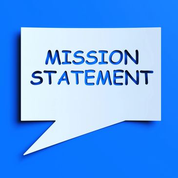 Speech bubble with the words 'MISSION STATEMENT' cut out against a blue background.