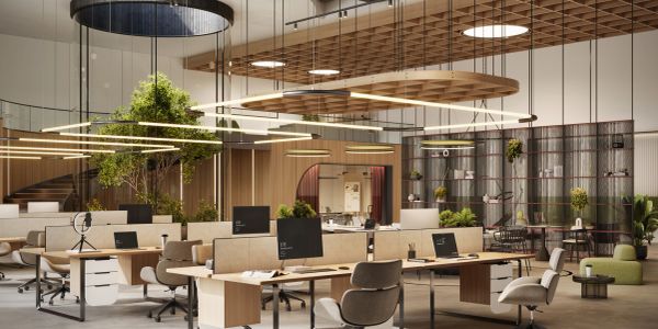 Modern open office space with natural elements and hanging lights.