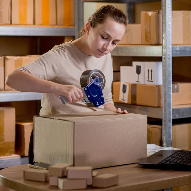 Smiling female entrepreneur packing parcel using tape dispenser. Woman preparing the product box for delivery to customer. Online business, ecommerce and delivery concept.