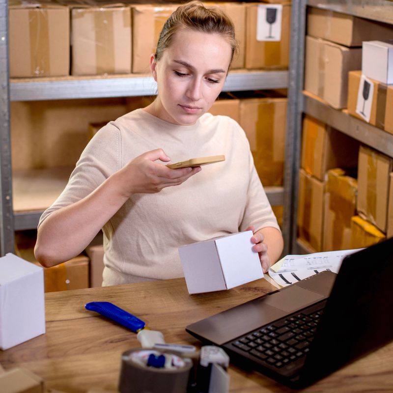 Female small business owner using mobile app on smartphone checking parcel box. Warehouse worker, seller holding phone scanning retail dropshipping box postal parcel bar code on cell technology