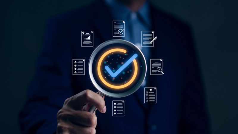 Businessman hand holding magnifying glass focusing standard quality control certification assurance guarantee symbol. Quality management with Quality Assurance and Quality Control. Standardization,